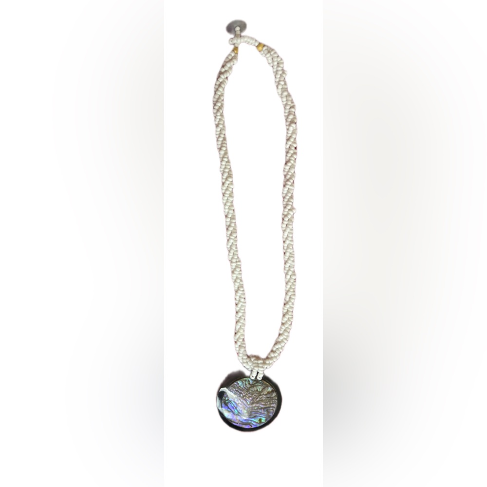 Iridescent Abalone Shell Round Pendant Braided Seed Bead Necklace Button Close